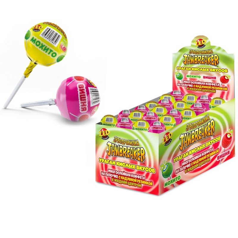 Зубодробилка Jawbreaker Мохито и Вишня конфета на палочке с надув.резинкой и жид.центром  33гр